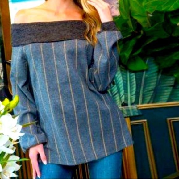 THML Sz Small Gray Striped Off the Shoulder Shirt Long Sleeve Blouse NEW… - Picture 4 of 5